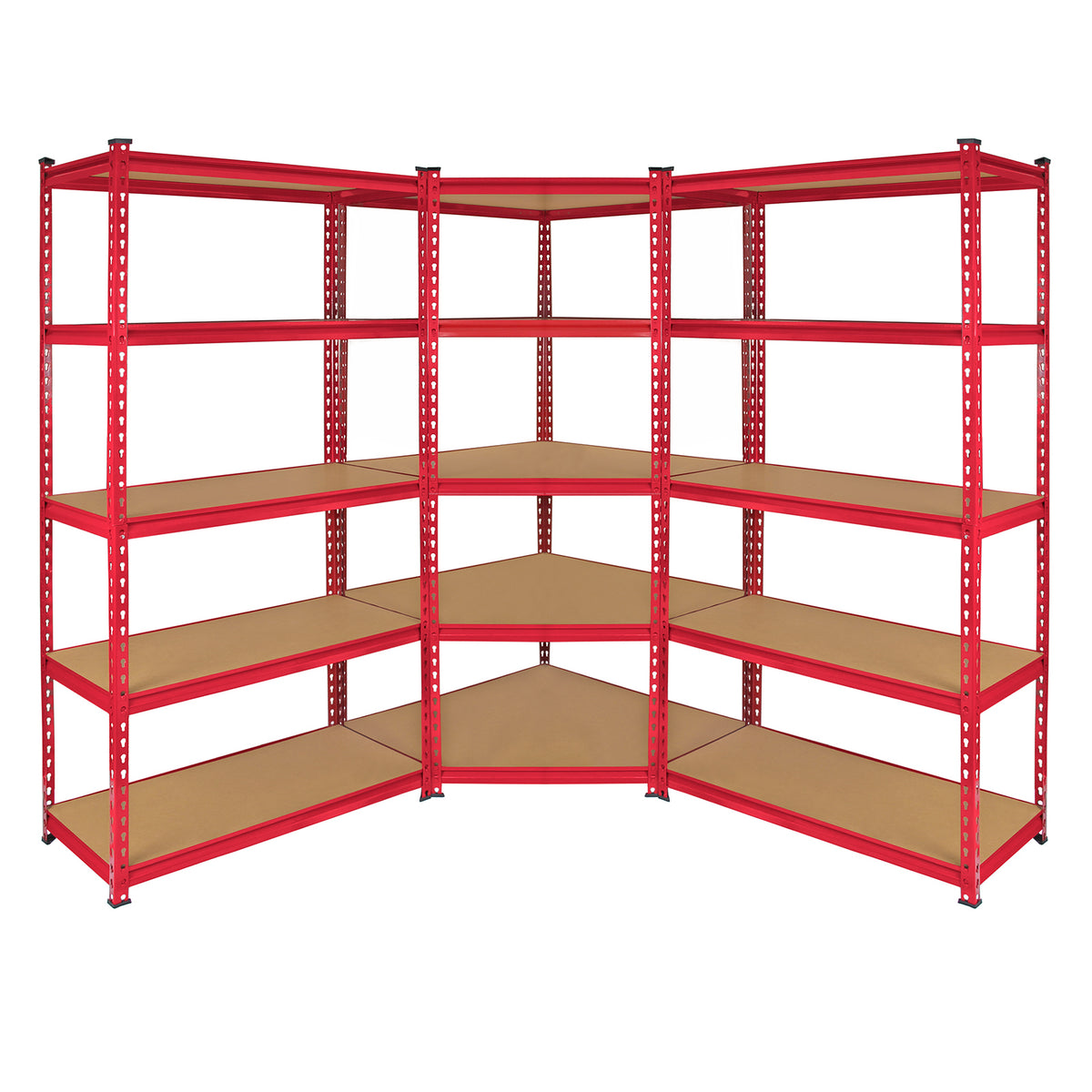 Eckregal in leuchtendem Rot mit stabilen Metallrahmen und braunen Holzregalen, ideal für die optimale Raumnutzung und Lagerung