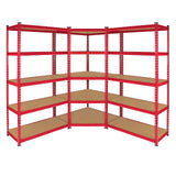 Eckregal in leuchtendem Rot mit stabilen Metallrahmen und braunen Holzregalen, ideal für die optimale Raumnutzung und Lagerung