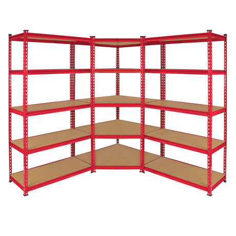 Eckregal in leuchtendem Rot mit stabilen Metallrahmen und braunen Holzregalen, ideal für die optimale Raumnutzung und Lagerung