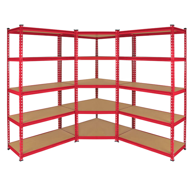 Eckregal in leuchtendem Rot mit stabilen Metallrahmen und braunen Holzregalen, ideal für die optimale Raumnutzung und Lagerung