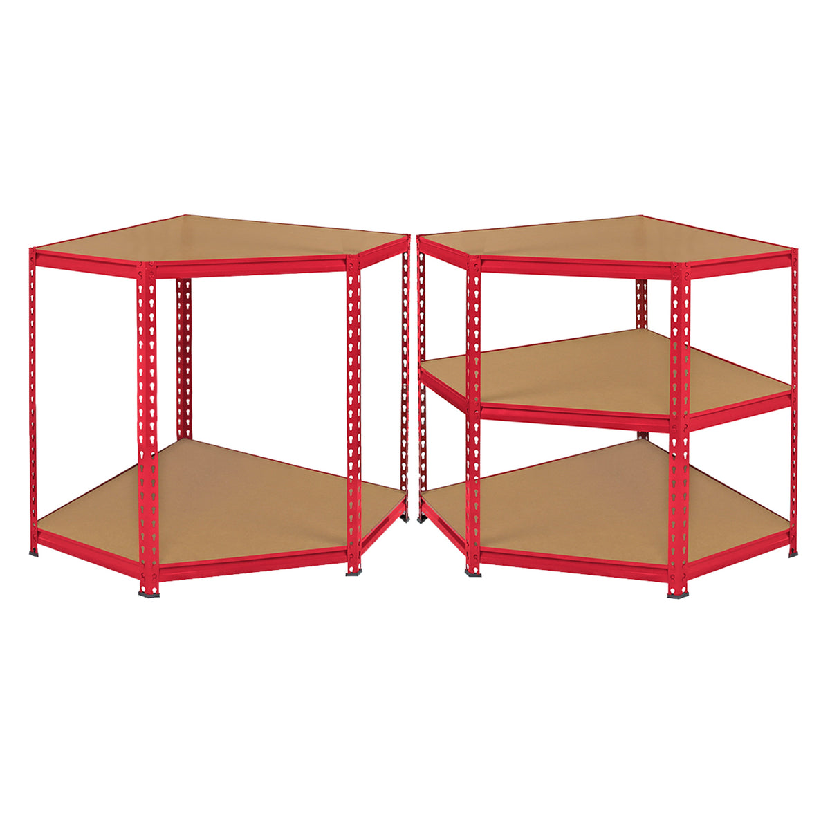 Eckregal in Rot mit drei stabilen Regalböden aus braunem Holzwerkstoff, ideal für die optimale Raumnutzung und Lagerung von Gegenständen