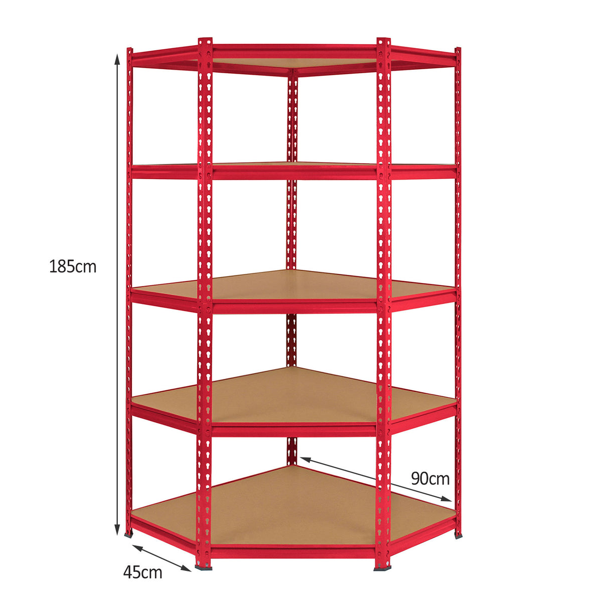 Eckregal in leuchtendem Rot mit fünf stabilen Regalböden aus braunem MDF, ideal für Lagerung und Organisation, Maße: 185cm hoch, 90cm breit, 45cm tief