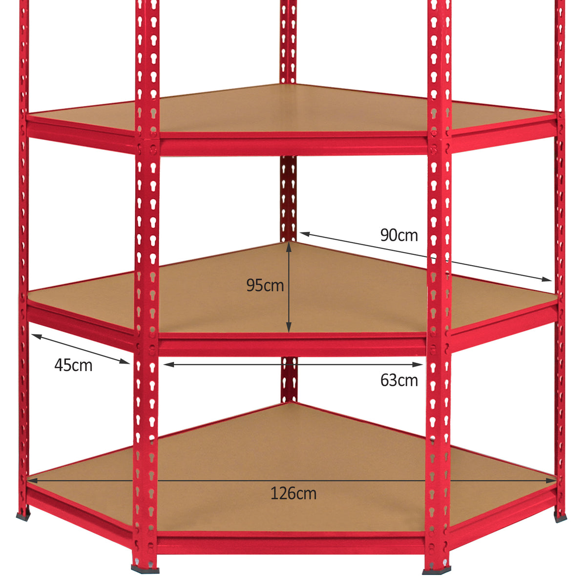 Eckregal in leuchtendem Rot mit drei stabilen, dreieckigen Ablagen aus braunem Material, ideal für Lagerung und Organisation, Maße 90cm x 126cm x 63cm
