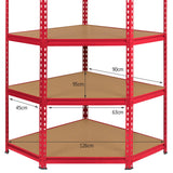 Eckregal in leuchtendem Rot mit drei stabilen, dreieckigen Ablagen aus braunem Material, ideal für Lagerung und Organisation, Maße 90cm x 126cm x 63cm