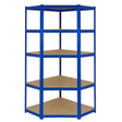 Eckregal in Blau mit fünf stabilen Ablagen aus beige beschichtetem Material, ideal für die Lagerung von Werkzeugen und Haushaltsgegenständen