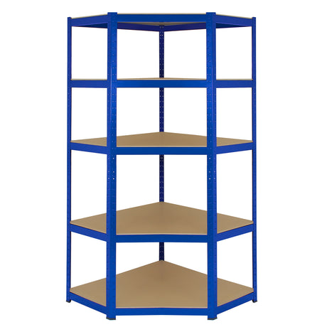Eckregal in Blau mit fünf stabilen Ablagen aus beige beschichtetem Material, ideal für die Lagerung von Werkzeugen und Haushaltsgegenständen