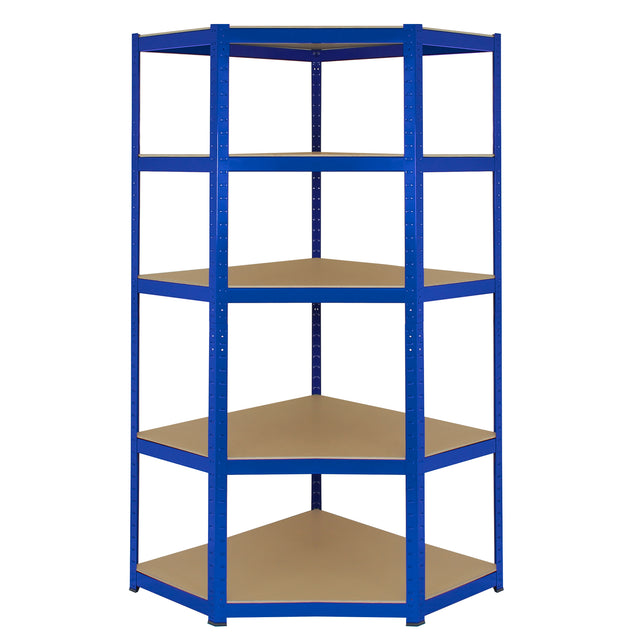 Eckregal in Blau mit fünf stabilen Ablagen aus beige beschichtetem Material, ideal für die Lagerung von Werkzeugen und Haushaltsgegenständen