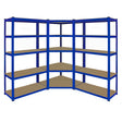 Blaues Eckregal aus Metall mit zwei 90 cm Regalen, stabiler Struktur und mehreren Ablageflächen, ideal für Lagerung und Organisation