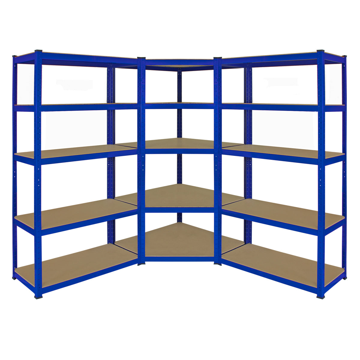 Blaues Eckregal aus Metall mit zwei 90 cm Regalen, stabiler Struktur und mehreren Ablageflächen, ideal für Lagerung und Organisation