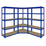 Blaues Eckregal aus Metall mit zwei 90 cm Regalen, stabiler Struktur und mehreren Ablageflächen, ideal für Lagerung und Organisation