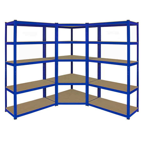 Blaues Eckregal aus Metall mit zwei 90 cm Regalen, stabiler Struktur und mehreren Ablageflächen, ideal für Lagerung und Organisation