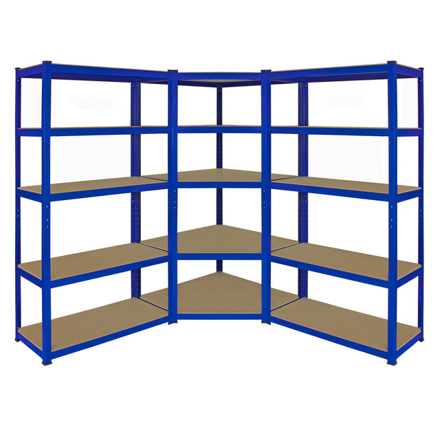 Blaues Eckregal aus Metall mit zwei 90 cm Regalen, stabiler Struktur und mehreren Ablageflächen, ideal für Lagerung und Organisation