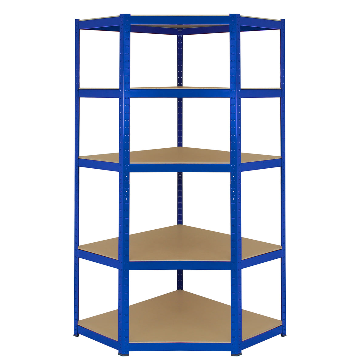 Eckregal in Blau mit fünf stabilen, braunen Ablageflächen, ideal für die Organisation von Lagerraum oder Werkstatt, aus robustem Metall gefertigt