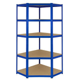 Eckregal in Blau mit fünf stabilen, braunen Ablageflächen, ideal für die Organisation von Lagerraum oder Werkstatt, aus robustem Metall gefertigt