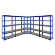 Eckregal in Blau mit vier 90 cm Regalen, stabiler Metallrahmen und braunen Holzregalen, ideal für Lagerung und Organisation in Werkstätten oder Garagen