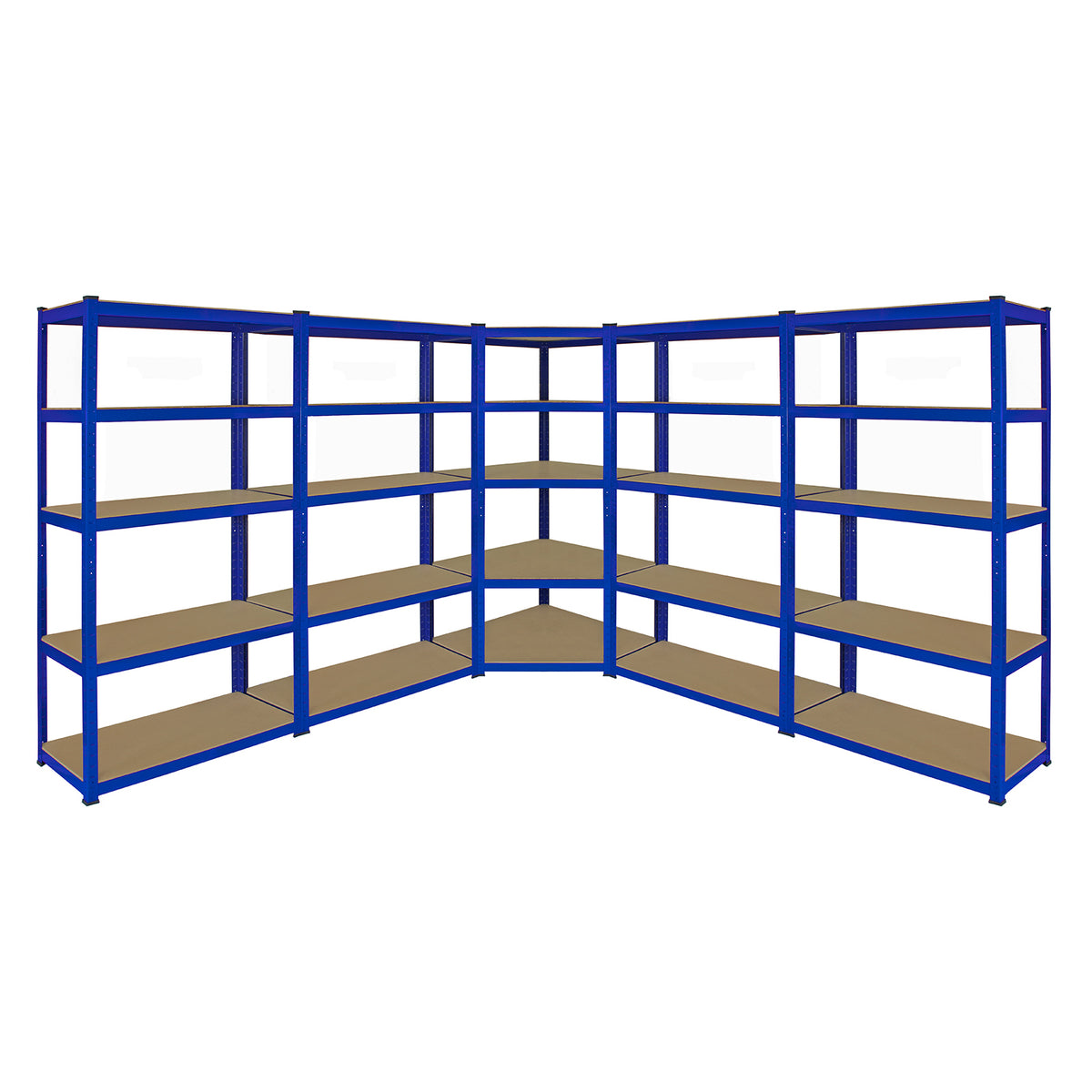 Eckregal in Blau mit vier 90 cm Regalen, stabiler Metallrahmen und braunen Holzregalen, ideal für Lagerung und Organisation in Werkstätten oder Garagen