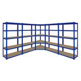 Eckregal in Blau mit vier 90 cm Regalen, stabiler Metallrahmen und braunen Holzregalen, ideal für Lagerung und Organisation in Werkstätten oder Garagen