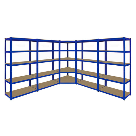 Eckregal in Blau mit vier 90 cm Regalen, stabiler Metallrahmen und braunen Holzregalen, ideal für Lagerung und Organisation in Werkstätten oder Garagen