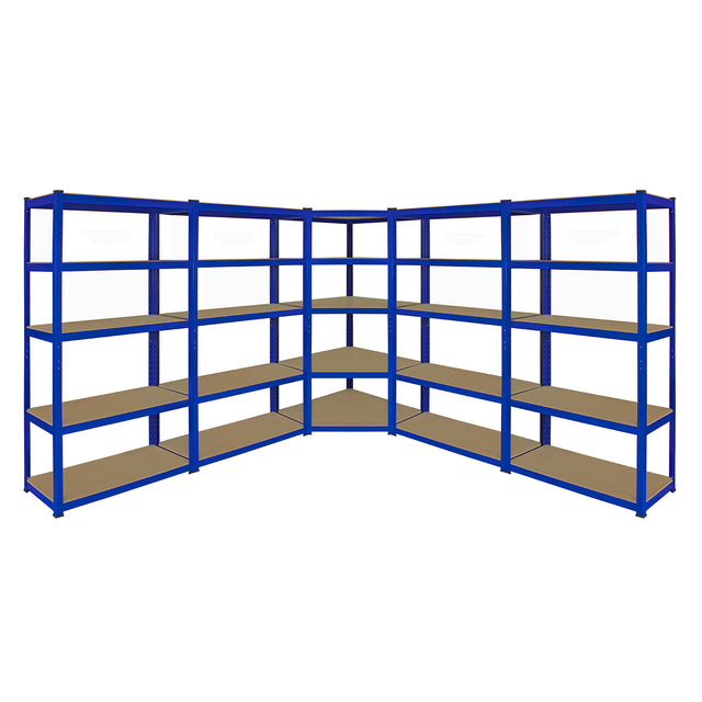 Eckregal in Blau mit vier 90 cm Regalen, stabiler Metallrahmen und braunen Holzregalen, ideal für Lagerung und Organisation in Werkstätten oder Garagen