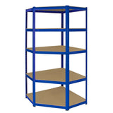 Eckregal in Blau mit vier stabilen, hellbraunen Ablagen, ideal für Lagerung und Organisation, aus robustem Metall mit glatter Oberfläche