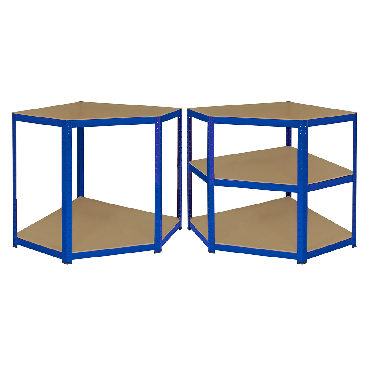 Eckregal in Blau mit drei stabilen Regalböden aus Holz, ideal für die optimale Raumnutzung und Aufbewahrung in Werkstätten oder Garagen