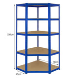 Eckregal in Blau mit fünf stabilen Regalböden aus Holz, ideal für Lagerung, Maße 90cm x 45cm x 180cm, robust und funktional