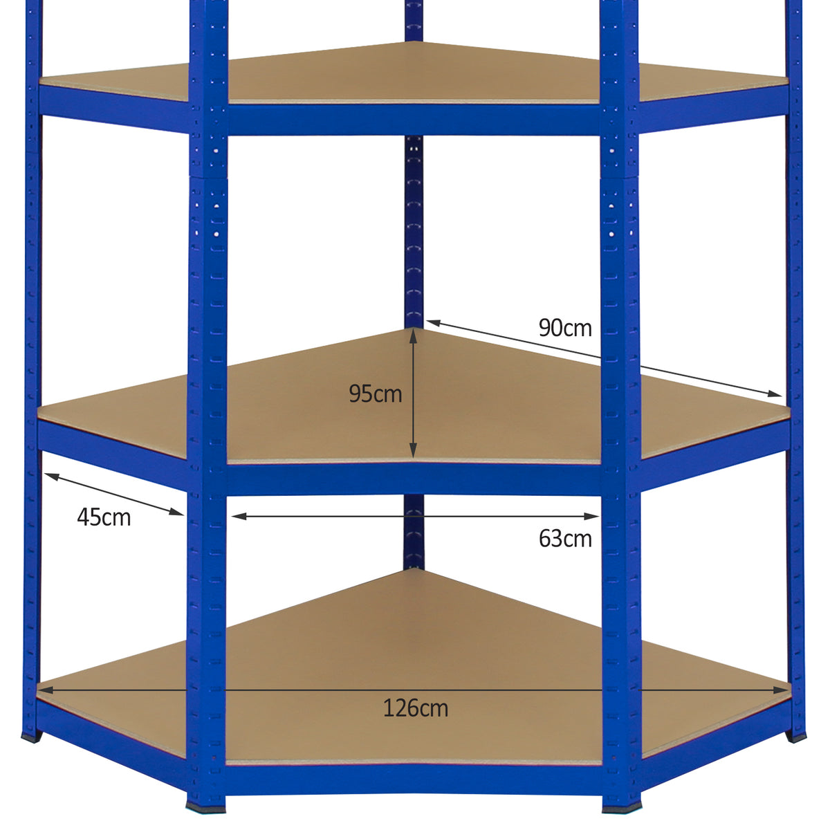Eckregal in Blau mit drei stabilen Regalböden, ideal für Ecken, aus robustem Material, Maße: 90cm hoch, 45cm breit, 126cm lang