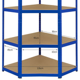 Eckregal in Blau mit drei stabilen Regalböden, ideal für Ecken, aus robustem Material, Maße: 90cm hoch, 45cm breit, 126cm lang