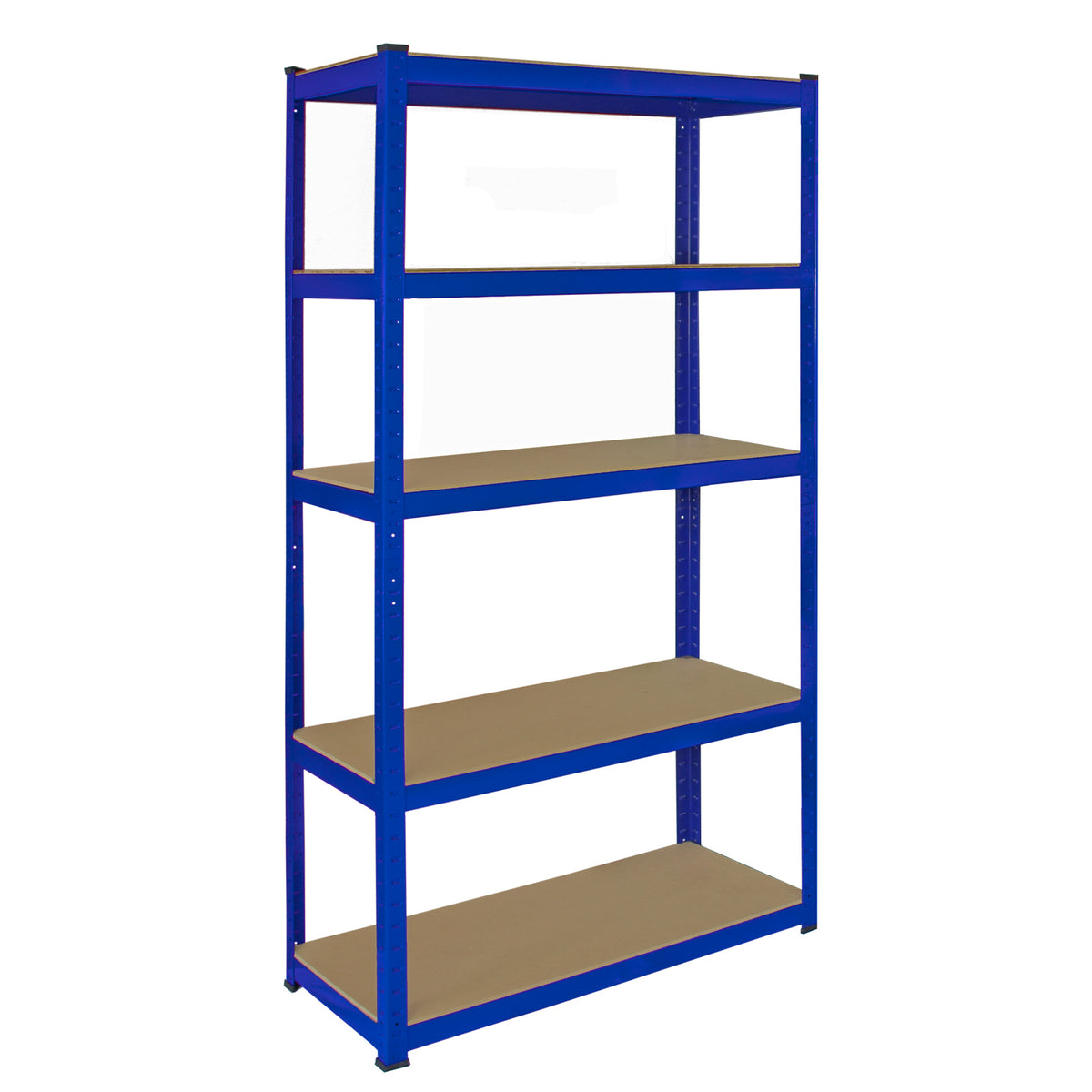 Blaues Eckregal mit fünf stabilen Regalböden aus Holz, ideal für Lagerung und Organisation, robustes Metallgestell, modernes Design