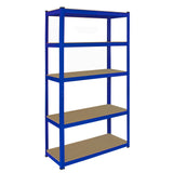 Blaues Eckregal mit fünf stabilen Regalböden aus Holz, ideal für Lagerung und Organisation, robustes Metallgestell, modernes Design