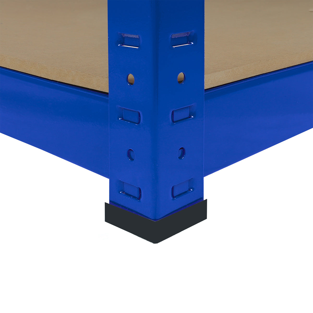 Blaues Eckregal mit stabilen Metallrahmen und Holzregalböden, ideal für Lagerung und Organisation in verschiedenen Räumen