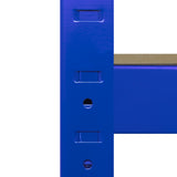 Blaues T-Rax Eckregal mit stabilen Metallrahmen und Holzregalböden, ideal für die Lagerung und Organisation von Gegenständen in verschiedenen Räumen