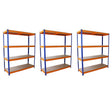 Drei stabile S-Rax Lagerregale in orange und blau, jeweils 150 cm x 50 cm, mit mehreren robusten Regalböden aus Holz für optimalen Stauraum