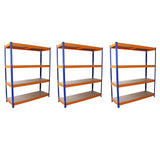 Drei stabile S-Rax Lagerregale in orange und blau, jeweils 150 cm x 50 cm, mit mehreren robusten Regalböden aus Holz für optimalen Stauraum