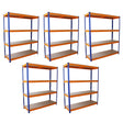 Fünf S-Rax Lagerregale in orange und blau, jeweils 150 cm x 50 cm, mit stabilen Regalböden aus Holz, ideal für Lagerung und Organisation