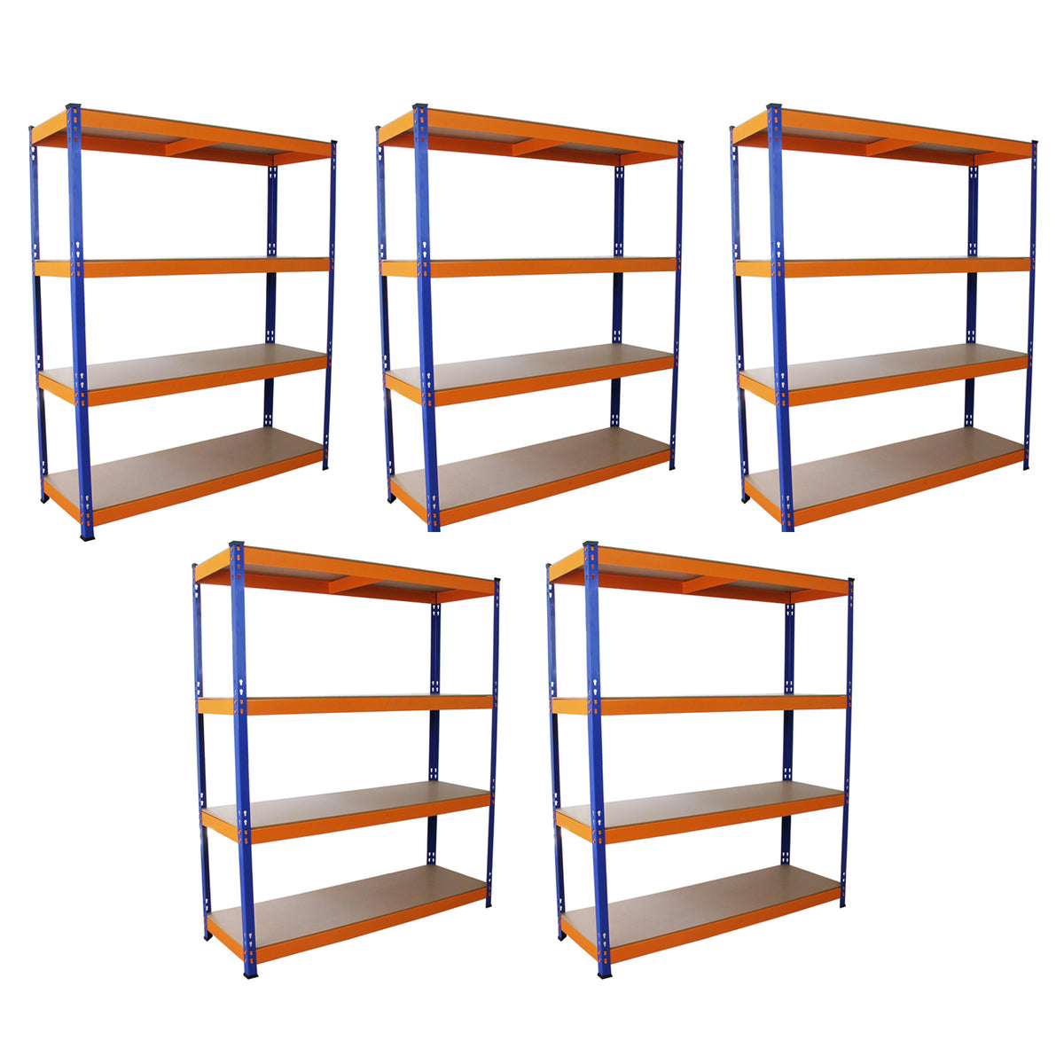 Fünf S-Rax Lagerregale in orange und blau, jeweils 150 cm x 50 cm, mit stabilen Regalböden aus Holz, ideal für Lagerung und Organisation