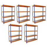 Fünf S-Rax Lagerregale in orange und blau, jeweils 150 cm x 50 cm, mit stabilen Regalböden aus Holz, ideal für Lagerung und Organisation