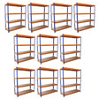 Zehn S-Rax Lagerregale in orange und blau, 150 cm x 50 cm, mit stabilen Regalböden aus grauem Material, ideal für Lagerung und Organisation