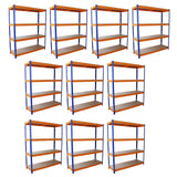 Zehn S-Rax Lagerregale in orange und blau, 150 cm x 50 cm, mit stabilen Regalböden aus grauem Material, ideal für Lagerung und Organisation