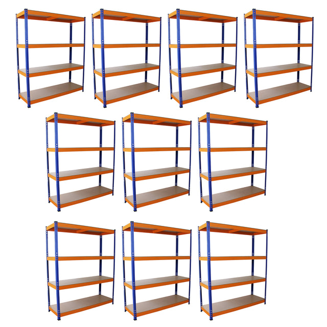 Zehn S-Rax Lagerregale in orange und blau, 150 cm x 50 cm, mit stabilen Regalböden aus grauem Material, ideal für Lagerung und Organisation