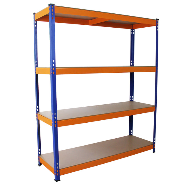 Lagerregal in Blau und Orange mit vier stabilen Regalböden aus Holz, ideal für die Aufbewahrung von Werkzeugen und Materialien in Werkstätten oder Lagerräumen