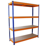 Fünf S-Rax Lagerregale in Blau und Orange, 150 cm hoch und 50 cm breit, mit stabilen, glatten Holzregalen für vielseitige Lagerung