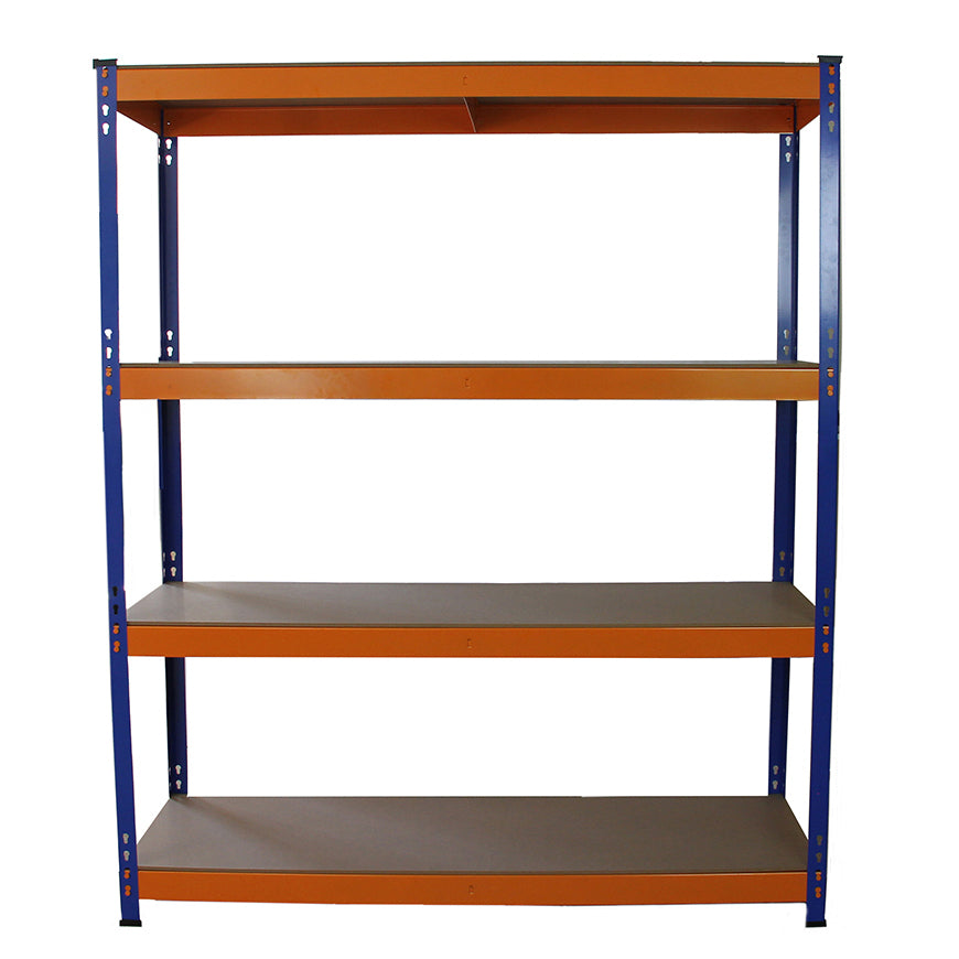 Fünf S-Rax Lagerregale in Blau und Orange, 150 cm hoch und 50 cm breit, mit stabilen Regalböden aus braunem Material für vielseitige Lagerung