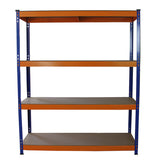 Fünf S-Rax Lagerregale in Blau und Orange, 150 cm hoch und 50 cm breit, mit stabilen Regalböden aus braunem Material für vielseitige Lagerung