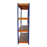Blaues und oranges Lagerregal mit vier stabilen Regalböden aus Holz, ideal für die Aufbewahrung von Werkzeugen und Materialien in Werkstätten oder Garagen
