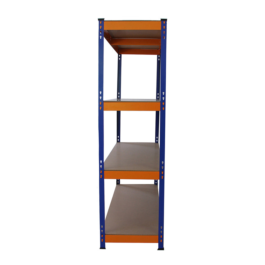 Fünf S-Rax Lagerregale in Blau und Orange, 150 cm hoch und 50 cm breit, mit stabilen, glatten Regalböden aus Holz und robustem Metallrahmen