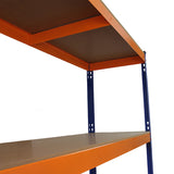 Robustes S-Rax Lagerregal in Orange und Blau, mit zwei stabilen Regalböden aus Holz, ideal für die Lagerung von Waren und Materialien