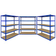 Breite, blaue Lagerregale mit stabilen Metallrahmen und robusten Holzregalen, ideal für die Organisation von Lagerflächen und Werkstätten