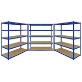 Breite, blaue Lagerregale mit stabilen Metallrahmen und robusten Holzregalen, ideal für die Organisation von Lagerflächen und Werkstätten