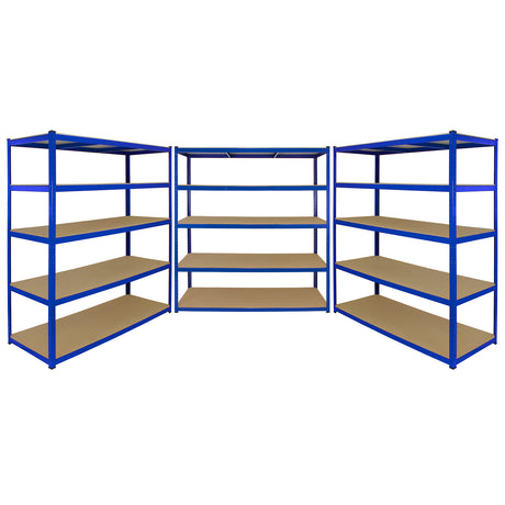 Breite, blaue Lagerregale mit stabilen Metallrahmen und robusten Holzregalen, ideal für die Organisation von Lagerflächen und Werkstätten